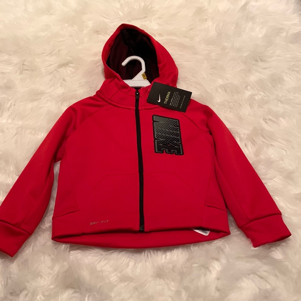 New Nike Therma Boys Red Zip Front Hoodie Sweatshirt Dri-Fit Jacket 3T
